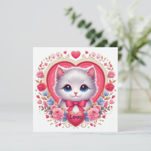 Kitten mit Red Bow mit romantischen Blumenherzen Einladung (Stehend Vorderseite)