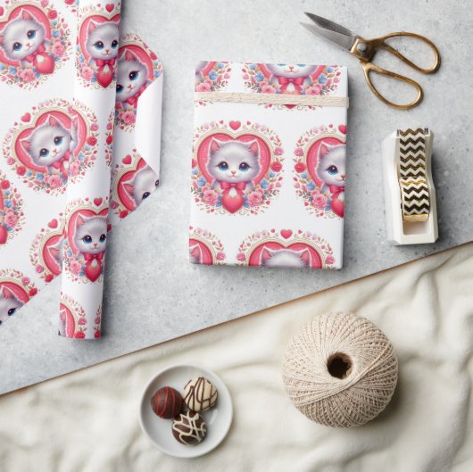Kitten mit Red Bow mit romantischen Blumenherzen Geschenkpapier (Kunsthandwerk)