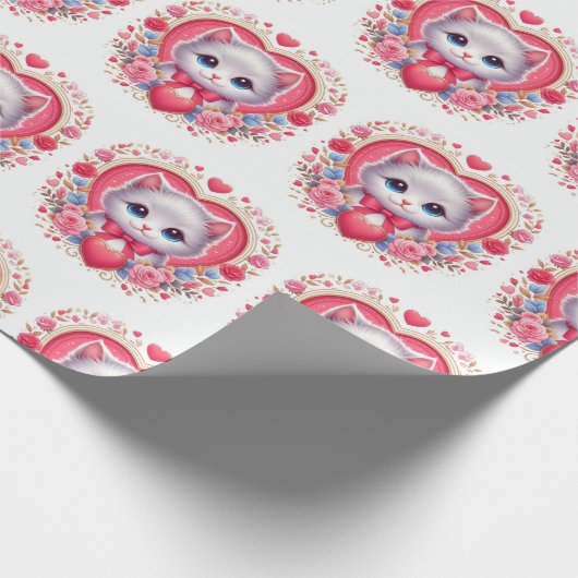 Kitten mit Red Bow mit romantischen Blumenherzen Geschenkpapier (Ecke)