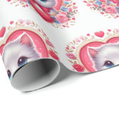 Kitten mit Red Bow mit romantischen Blumenherzen Geschenkpapier (Rolleneckpunkt)