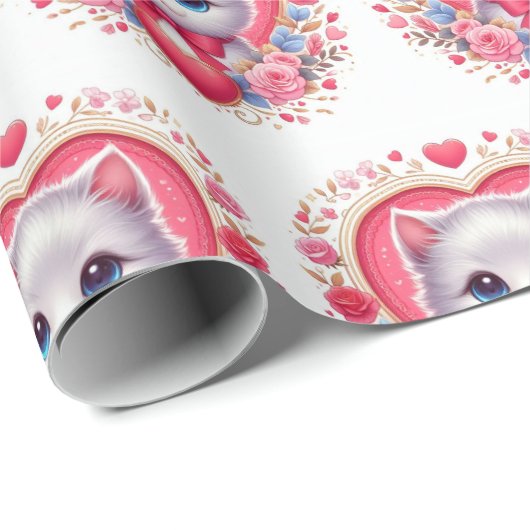 Kitten mit Red Bow mit romantischen Blumenherzen Geschenkpapier (Rolleneckpunkt)