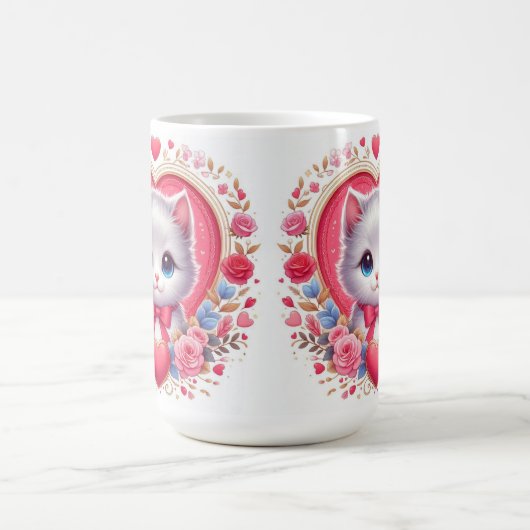 Kitten mit Red Bow mit romantischen Blumenherzen Kaffeetasse (Mittel)