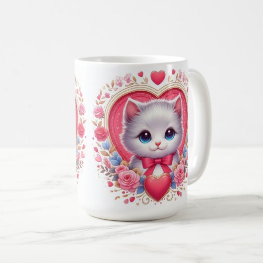 Kitten mit Red Bow mit romantischen Blumenherzen Kaffeetasse (VorderseiteRechts)