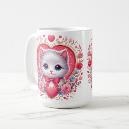 Kitten mit Red Bow mit romantischen Blumenherzen Kaffeetasse (Vorderseite Links)