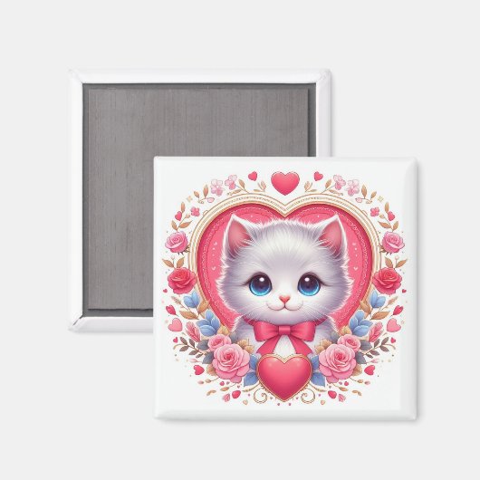 Kitten mit Red Bow mit romantischen Blumenherzen Magnet (Vorderseite/Rückseite)