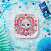 Kitten mit Red Bow mit romantischen Blumenherzen Pappteller (Party)