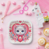 Kitten mit Red Bow mit romantischen Blumenherzen Pappteller (Party)