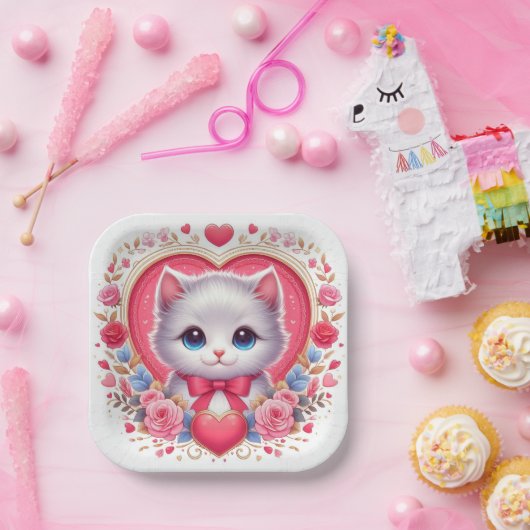 Kitten mit Red Bow mit romantischen Blumenherzen Pappteller (Party)