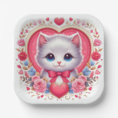 Kitten mit Red Bow mit romantischen Blumenherzen Pappteller (Vorderseite)