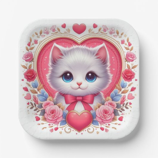 Kitten mit Red Bow mit romantischen Blumenherzen Pappteller (Vorderseite)