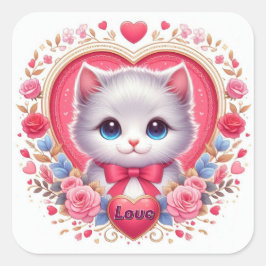 Kitten mit Red Bow mit romantischen Blumenherzen Quadratischer Aufkleber