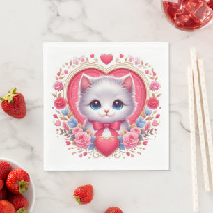 Kitten mit Red Bow mit romantischen Blumenherzen Serviette