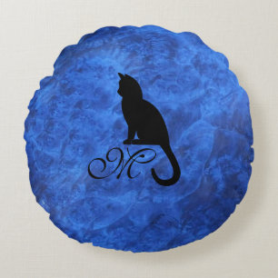 Kitten Monogram Sapphire Blue Rundes Kissen