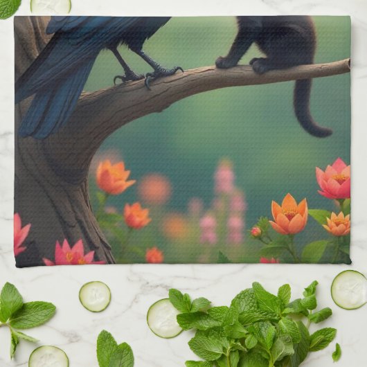 Kitten Oak Tree Garden Raven Crows Kitchen Geschirrtuch (Gefaltet)