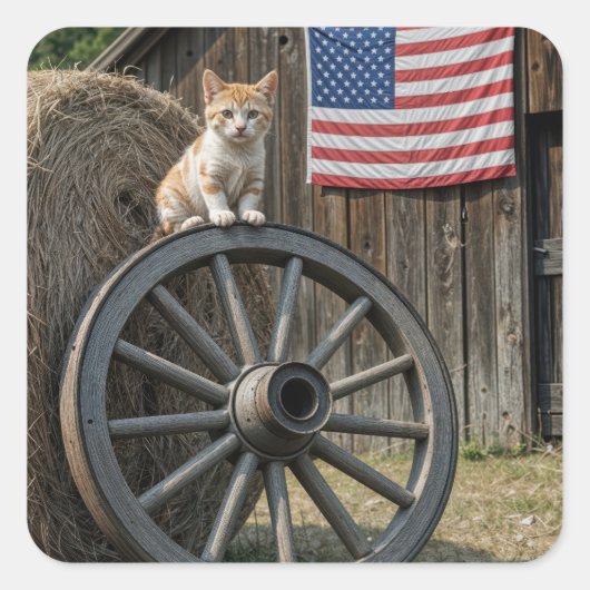 Kitten On an Old Wagon Wheel Quadratischer Aufkleber (Vorderseite)