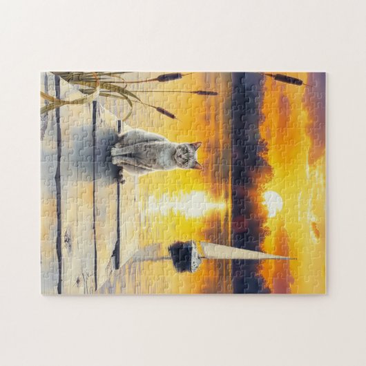 kitten on the dock at sunset puzzle (Horizontal)
