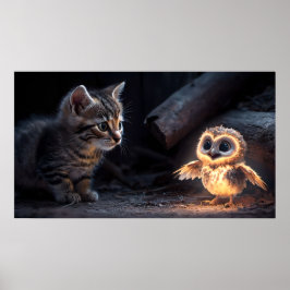 Kitten & Owl Poster - Whimsical Forest Friends Art