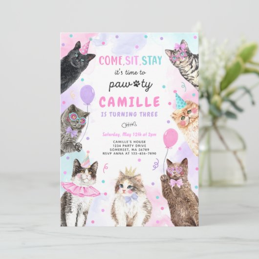 Kitten Party Let's Pawty Kitty Cat Birthday Einladung (Stehend Vorderseite)