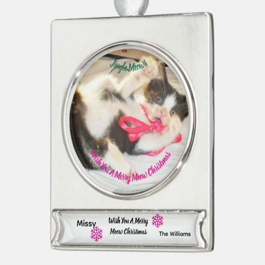 Kitten Photo Text Jingle Meows, Customize, Banner-Ornament Silber (Links)