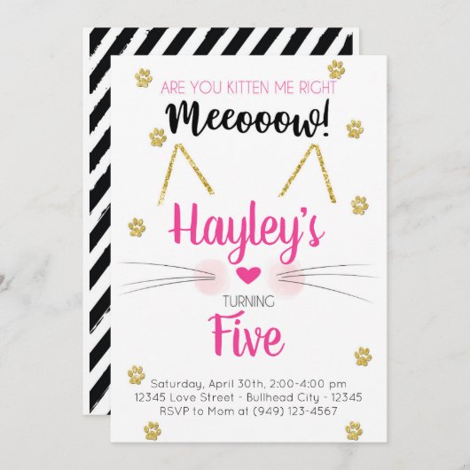 Kitten Pink & Gold Kindergeburtstag Einladung (Vorne/Hinten)