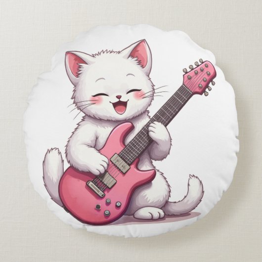 Kitten Playing Guitar Rundes Kissen (Vorderseite)