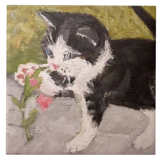 Kitten Playing mit rosa Blume Fliese (Vorderseite)