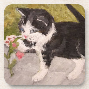 Kitten Playing mit rosa Blume Getränkeuntersetzer