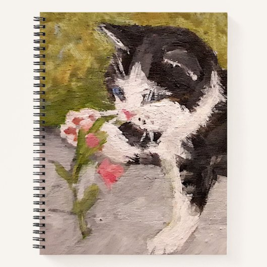 Kitten Playing mit rosa Blume Notizblock (Vorderseite)