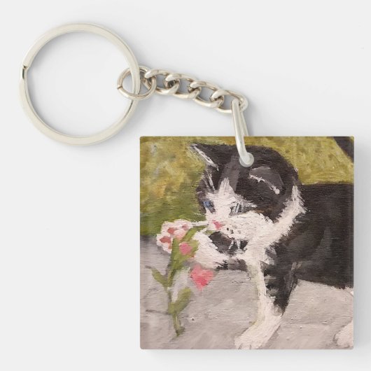Kitten Playing mit rosa Blume Schlüsselanhänger (Vorderseite)
