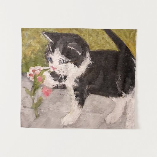 Kitten Playing mit rosa Blume Wandteppich (Vorderseite (Horizontal))