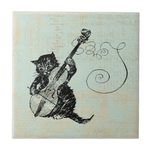 Kitten Playing Violine Aquamarin Music Cat Illustr Fliese
