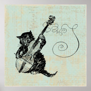 Kitten Playing Violine Aquamarin Music Cat Illustr Poster