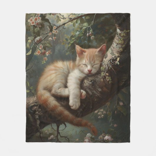 Kitten Schlafen in einem Baum Vintag Fleecedecke (Vorderseite)
