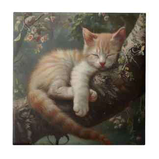 Kitten Schlafen in einem Baum Vintag Fliese