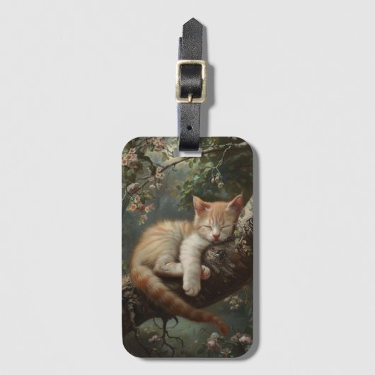 Kitten Schlafen in einem Baum Vintag Gepäckanhänger (Vorderseite Vertikal)