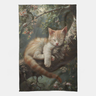 Kitten Schlafen in einem Baum Vintag Geschirrtuch