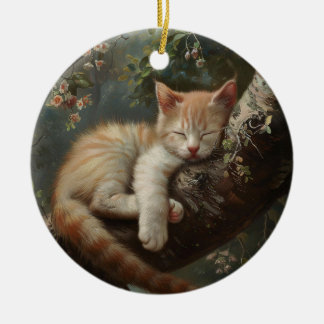 Kitten Schlafen in einem Baum Vintag Keramik Ornament