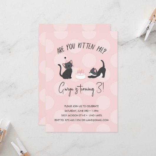 Kitten Sie mich? Einladung zum Geburtstag (Vorderseite/Rückseite Beispiel)