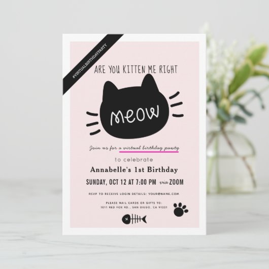 Kitten Sie mich gleich pink Virtual BIrthday? Einladung (Stehend Vorderseite)
