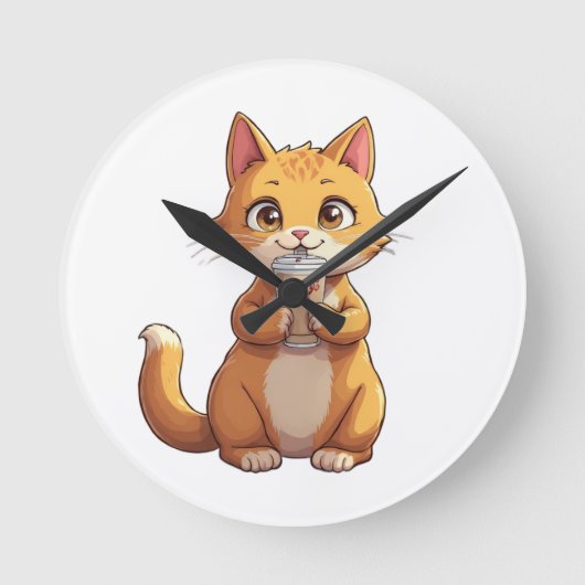 Kitten Sipping Coffee Runde Wanduhr (Vorderseite)