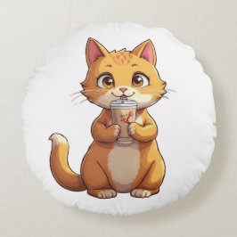 Kitten Sipping Coffee Rundes Kissen