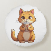 Kitten Sipping Coffee Rundes Kissen (Rückseite)