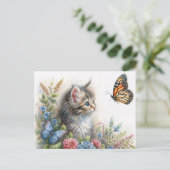 Kitten Staring At Butterfly Floral Art Postkarte (Stehend Vorderseite)
