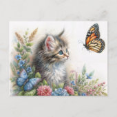 Kitten Staring At Butterfly Floral Art Postkarte (Vorderseite)