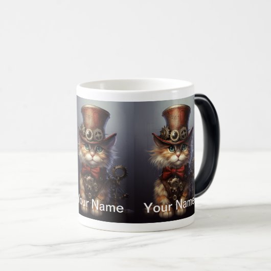 Kitten Steampunk mit rotem Bogen und oberem Hut Verwandlungstasse (VorderseiteRechts)