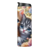 Kitten Trio: Niedlich, kuschelig, Blumenrahmen Thermosbecher (Nach rechts gedreht)
