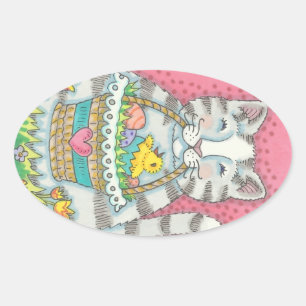 KITTEN UND EASTER EGG BASKET, CAT-STICKER OVALER AUFKLEBER