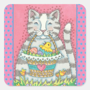 KITTEN UND EASTER EGG BASKET, CAT-STICKER QUADRATISCHER AUFKLEBER