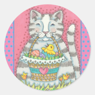 KITTEN UND EASTER EGG BASKET, CAT-STICKER RUNDER AUFKLEBER