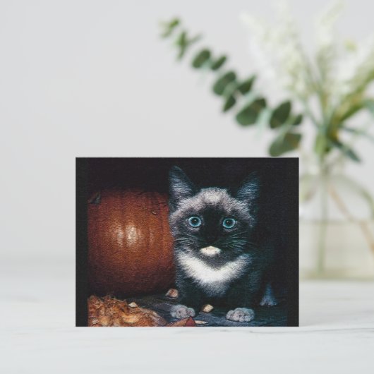 Kitten und Kürbis zu Halloween Postkarte (Stehend Vorderseite)